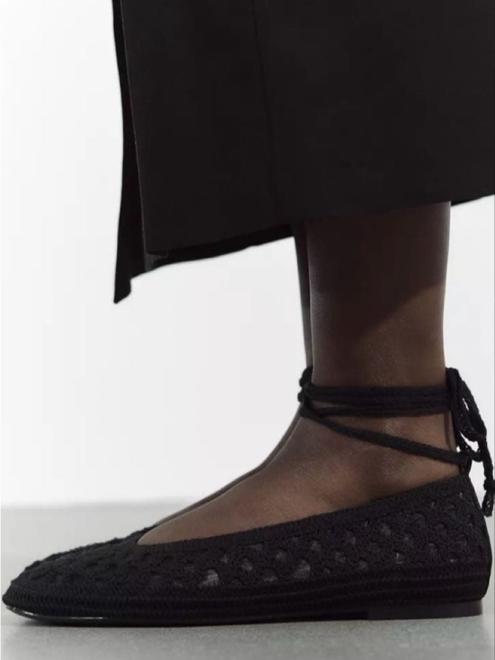 Zara Black Knit Lace-Up Ballet Sandals